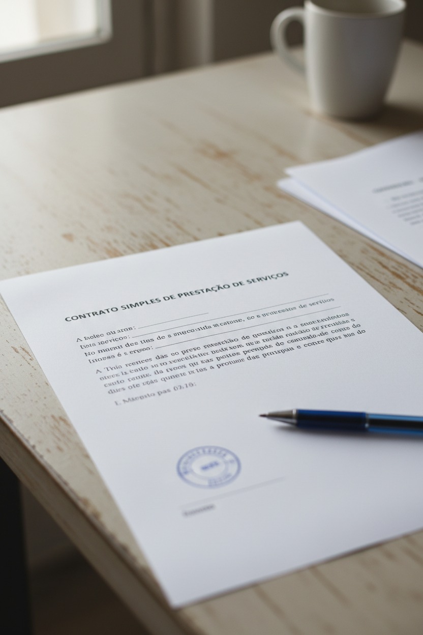 Documento de contrato de prestação de serviços com uma caneta azul sobre uma mesa de madeira ao lado de uma xícara.